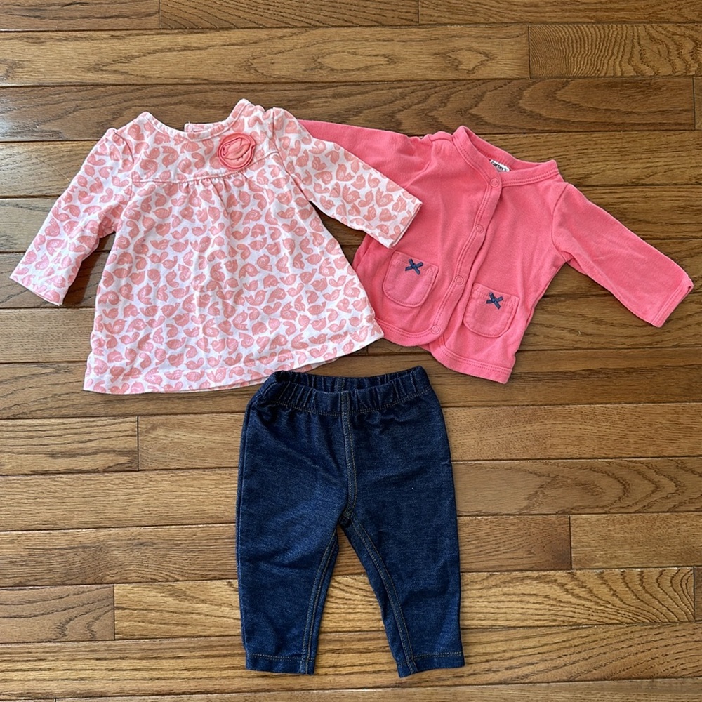 💓 CARTER’S matching set girls size 3 months cardigan shirt pants baby girl